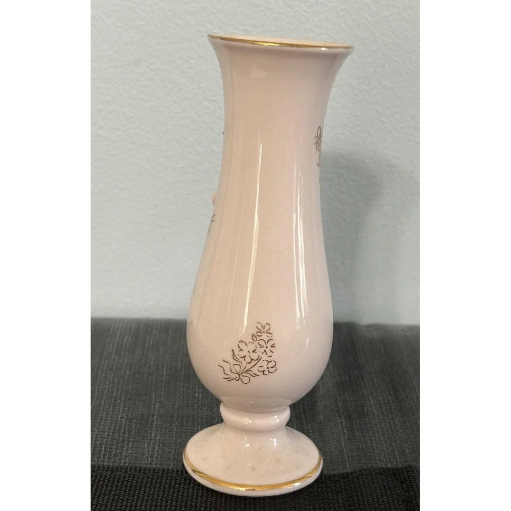 Vintage HR Japan 2137 Pink Ceramic Bud Vase 3D Applied Flowers Gold Trim NO BOX‎